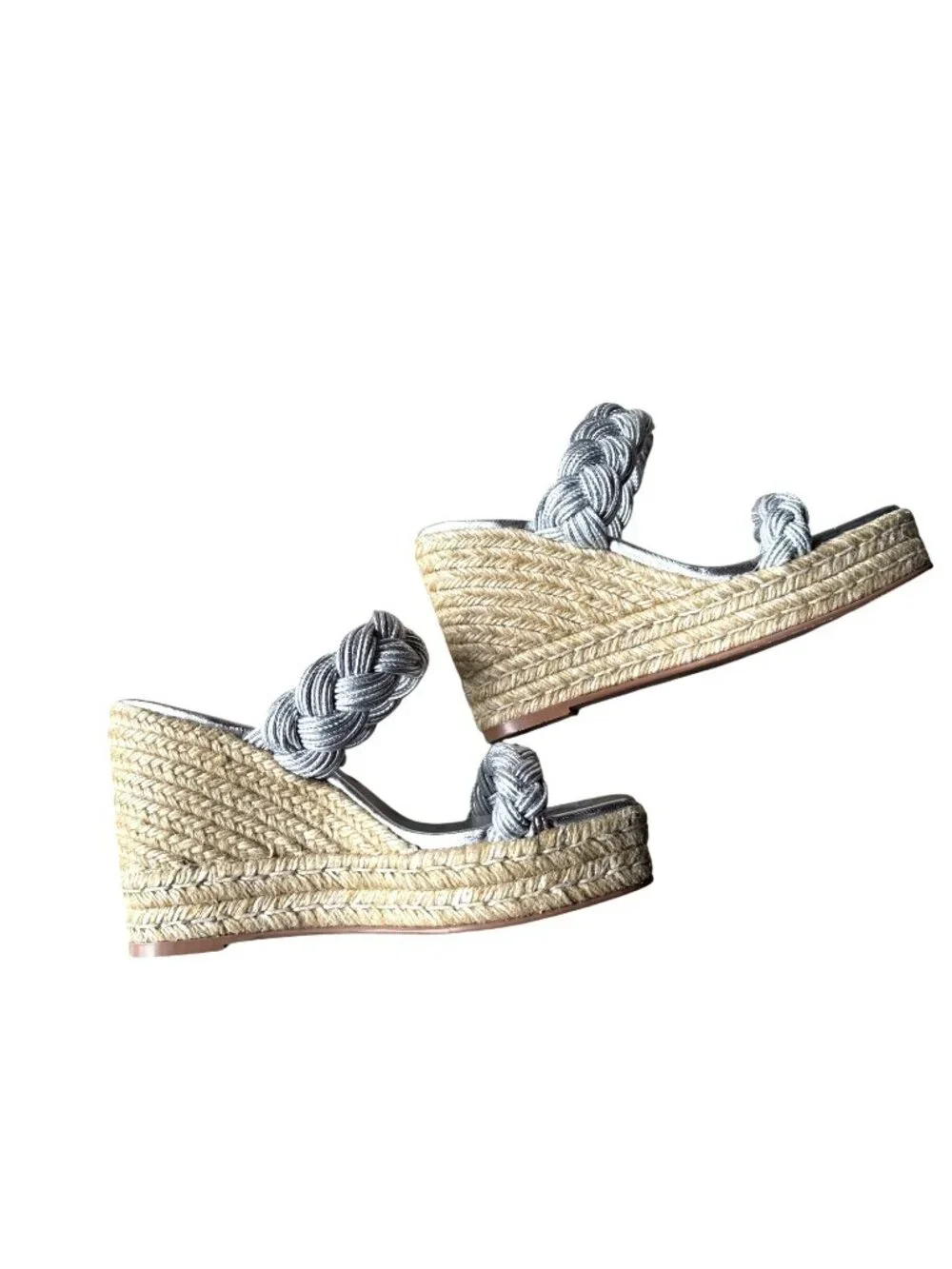 Stuart Weitzman Silver Braided Rope Strap Espadrille Wedge Sandals Sz 8 Spain